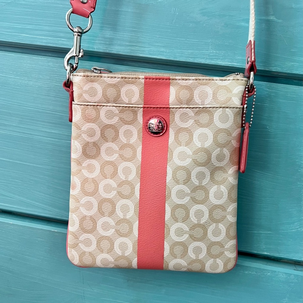 COACH Color-Block Tan and Pink Canvas Signature Crossbody Swingback
